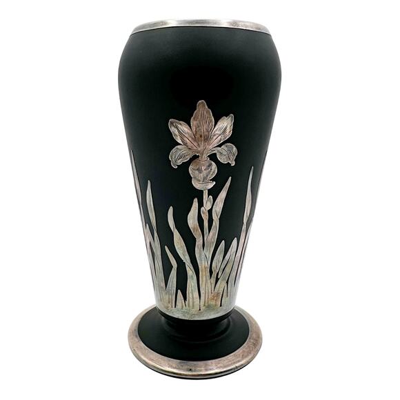 Vintage Black Satin Glass Vase with Sterling Silver Iris Overlay Art Deco Style - Picture 1 of 13